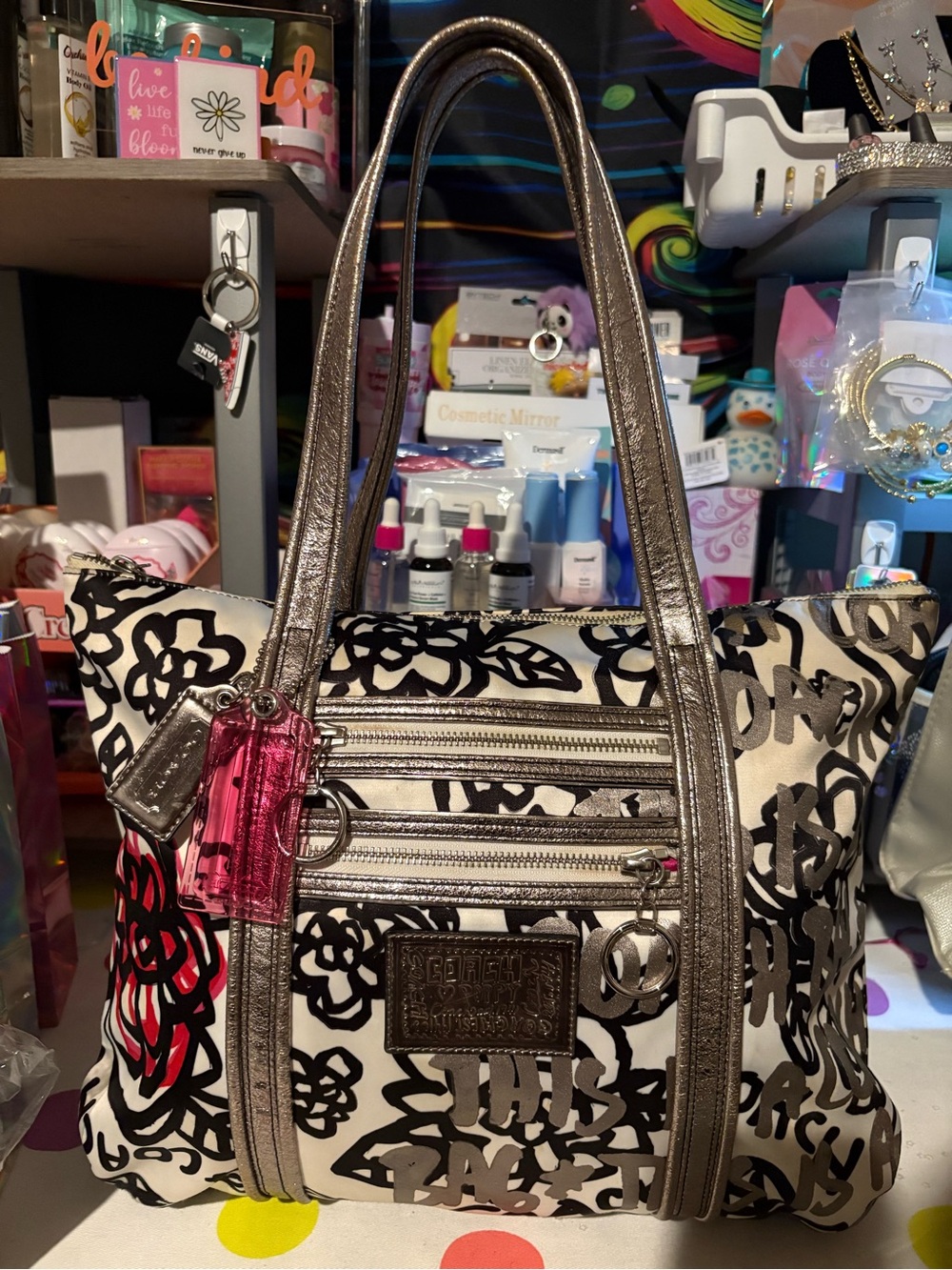 Coach Black & White Floral Canvas Tote with Metallic Silver Trim and Pink Tan
